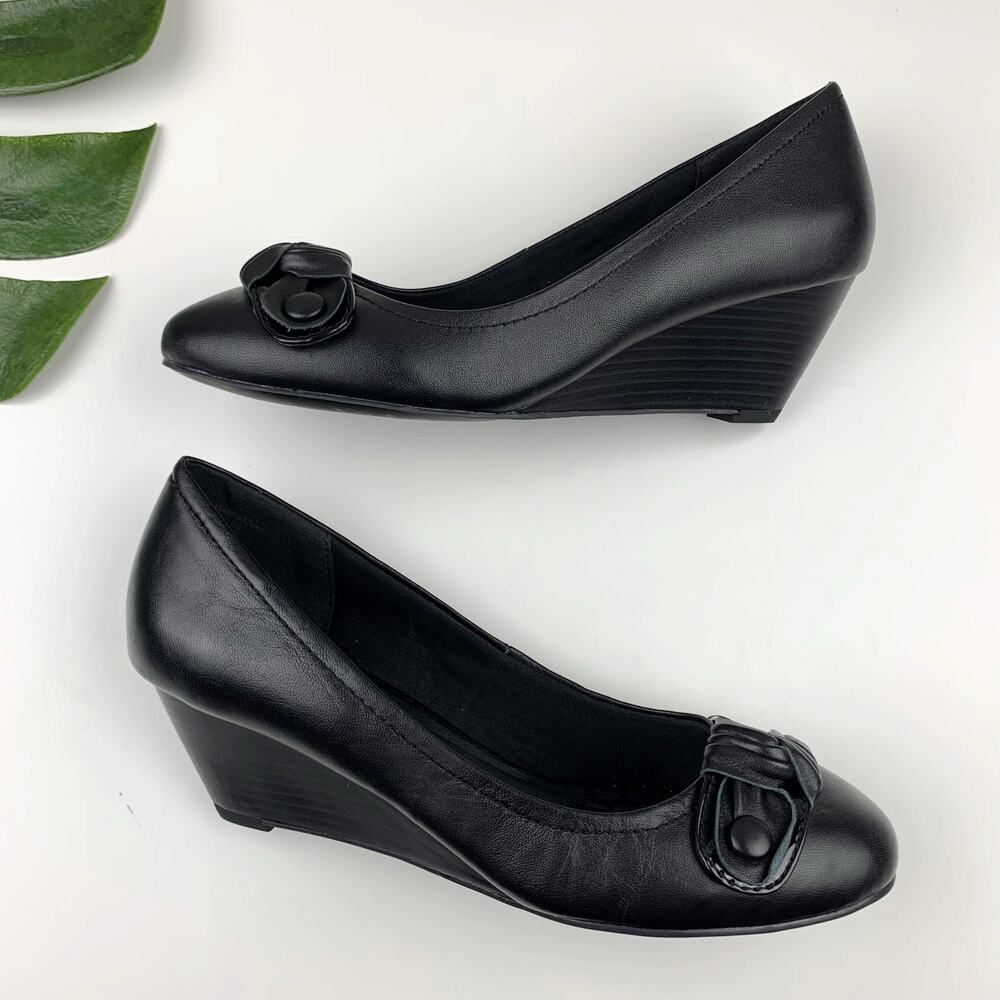 Melia Wedge Heels Slip On Black Leather Shoes Women's 9 - Picture 7 of 11
